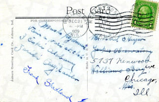 Zadní strana pohlednice datované 21. prosinec, 1929