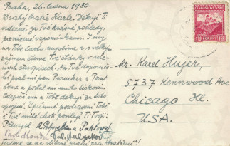Zadní strana pohlednice datované 26. leden, 1930