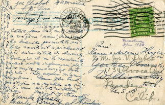 Zadní strana pohlednice datované 26. červenec, 1930