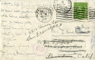 Zadní strana pohlednice datované 16. srpen, 1930