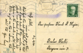 Zadní strana pohlednice datované 3. únor, 1932