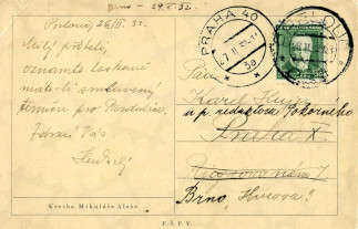 Zadní strana pohlednice datované 26. únor, 1932