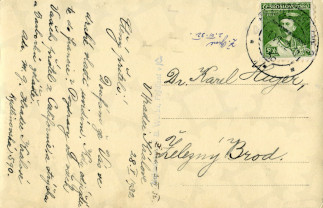 Zadní strana pohlednice datované 28. květen, 1932