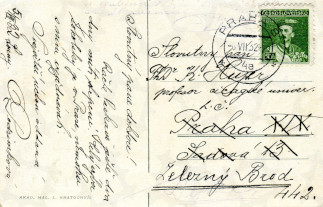 Zadní strana pohlednice datované 5. červenec, 1932
