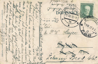 Zadní strana pohlednice datované 11. červenec, 1932