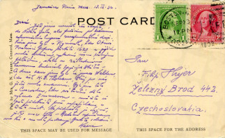 Zadní strana pohlednice datované 13. září, 1932
