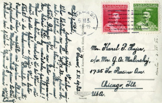 Zadní strana pohlednice datované 5. listopad, 1932