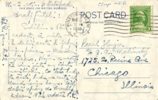 Zadní strana pohlednice datované 6. listopad, 1932