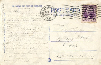 Zadní strana pohlednice datované 13. prosinec, 1932