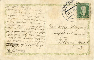 Zadní strana pohlednice datované 17. leden, 1933