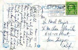Zadní strana pohlednice datované 13. únor, 1933