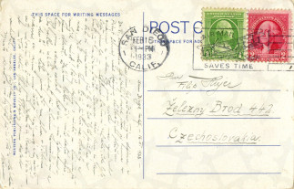 Zadní strana pohlednice datované 16. únor, 1933