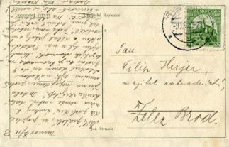 Zadní strana pohlednice datované 8. září, 1933