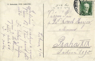 Zadní strana pohlednice datované 4. listopad, 1933