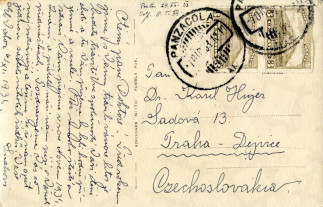 Zadní strana pohlednice datované 6. prosinec, 1933
