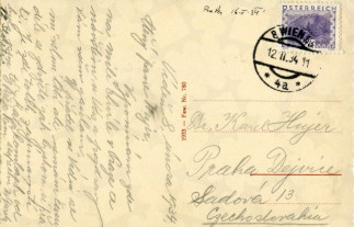 Zadní strana pohlednice datované 8. únor, 1934