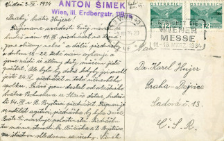 Zadní strana pohlednice datované 3. březen, 1934