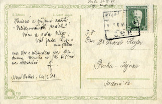 Zadní strana pohlednice datované 29. březen, 1934