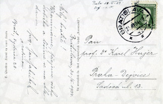 Zadní strana pohlednice datované 30. březen, 1934