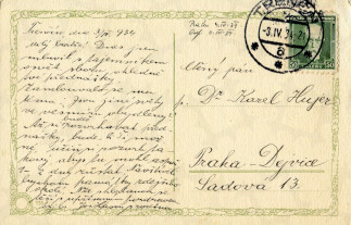 Zadní strana pohlednice datované 3. duben, 1934