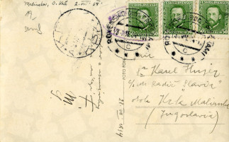 Zadní strana pohlednice datované 28. červenec, 1934