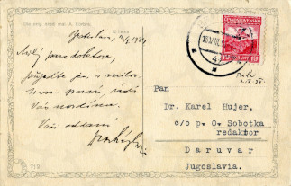 Zadní strana pohlednice datované 12. srpen, 1934