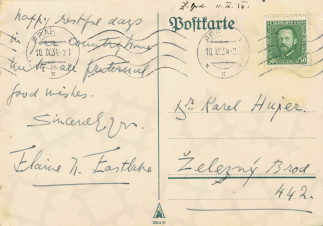Zadní strana pohlednice datované 9. září, 1934