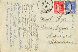 Zadní strana pohlednice datované 15. září, 1934