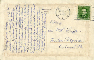 Zadní strana pohlednice datované 19. říjen, 1934