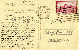 Zadní strana pohlednice datované 25. říjen, 1934