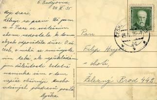 Zadní strana pohlednice datované 24. duben, 1935