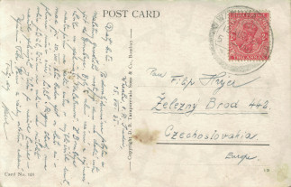 Zadní strana pohlednice datované 15. srpen, 1935
