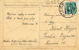 Zadní strana pohlednice datované 24. prosinec, 1935