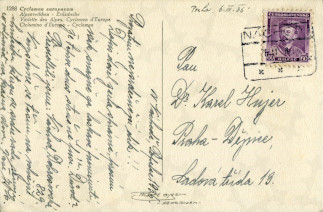 Zadní strana pohlednice datované 26. únor, 1936