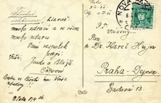 Zadní strana pohlednice datované 8. duben, 1936
