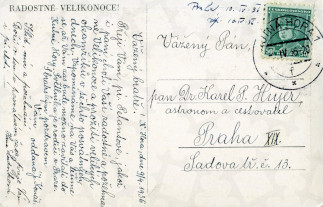 Zadní strana pohlednice datované 9. duben, 1936