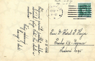 Zadní strana pohlednice datované 10. duben, 1936