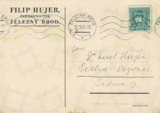 Zadní strana pohlednice datované 18. duben, 1936