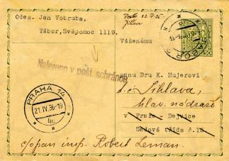 Zadní strana pohlednice datované 20. duben, 1936