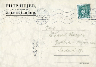 Zadní strana pohlednice datované 3. květen, 1936