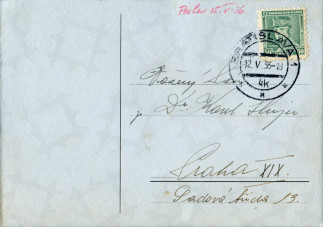 Zadní strana pohlednice datované 12. květen, 1936