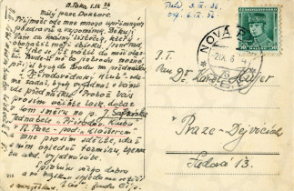 Zadní strana pohlednice datované 1. září, 1936