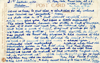 Zadní strana pohlednice datované 21. září, 1936