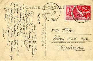 Zadní strana pohlednice datované 13. listopad, 1936