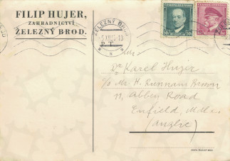 Zadní strana pohlednice datované 4. prosinec, 1936