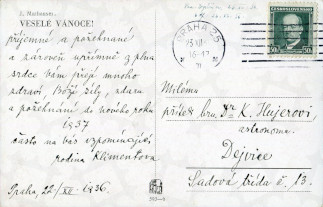 Zadní strana pohlednice datované 22. prosinec, 1936