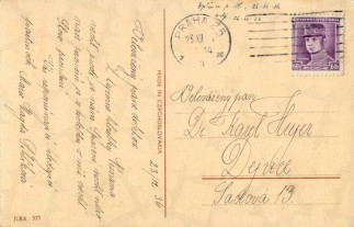 Zadní strana pohlednice datované 23. prosinec, 1936