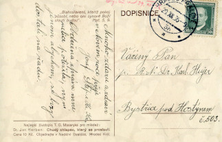 Zadní strana pohlednice datované 29. prosinec, 1936
