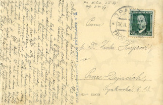Zadní strana pohlednice datované 27. únor, 1937
