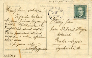 Zadní strana pohlednice datované 25. březen, 1937